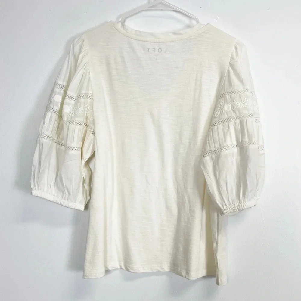 Loft Shirt Womens Size Small Cream Puff Sleeve Embroidered Cotton Blouse NWT